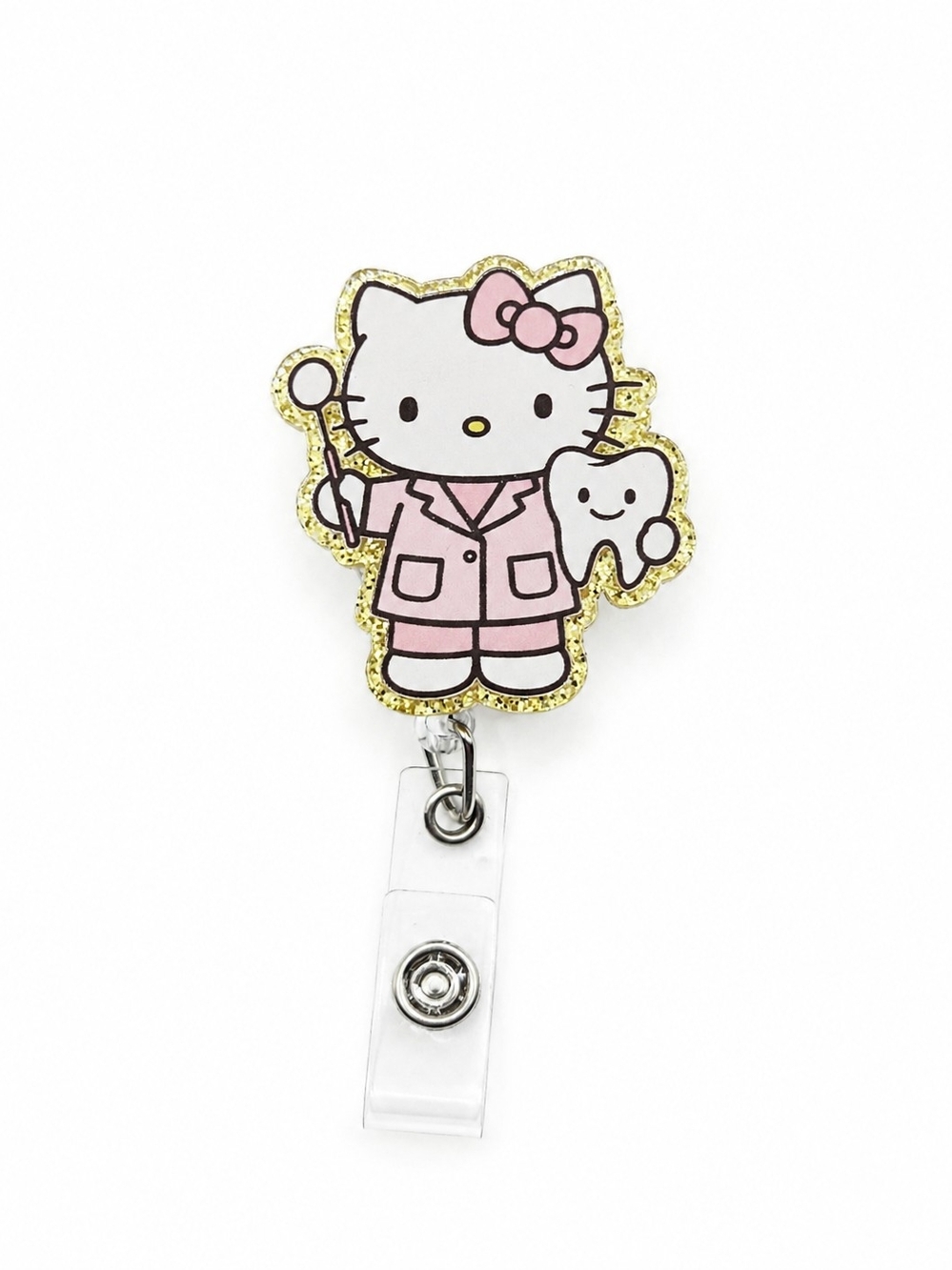 Hello Kitty Pink Dental Nurse Badge Reel with Gold Glitter Trim-Alligator Clip